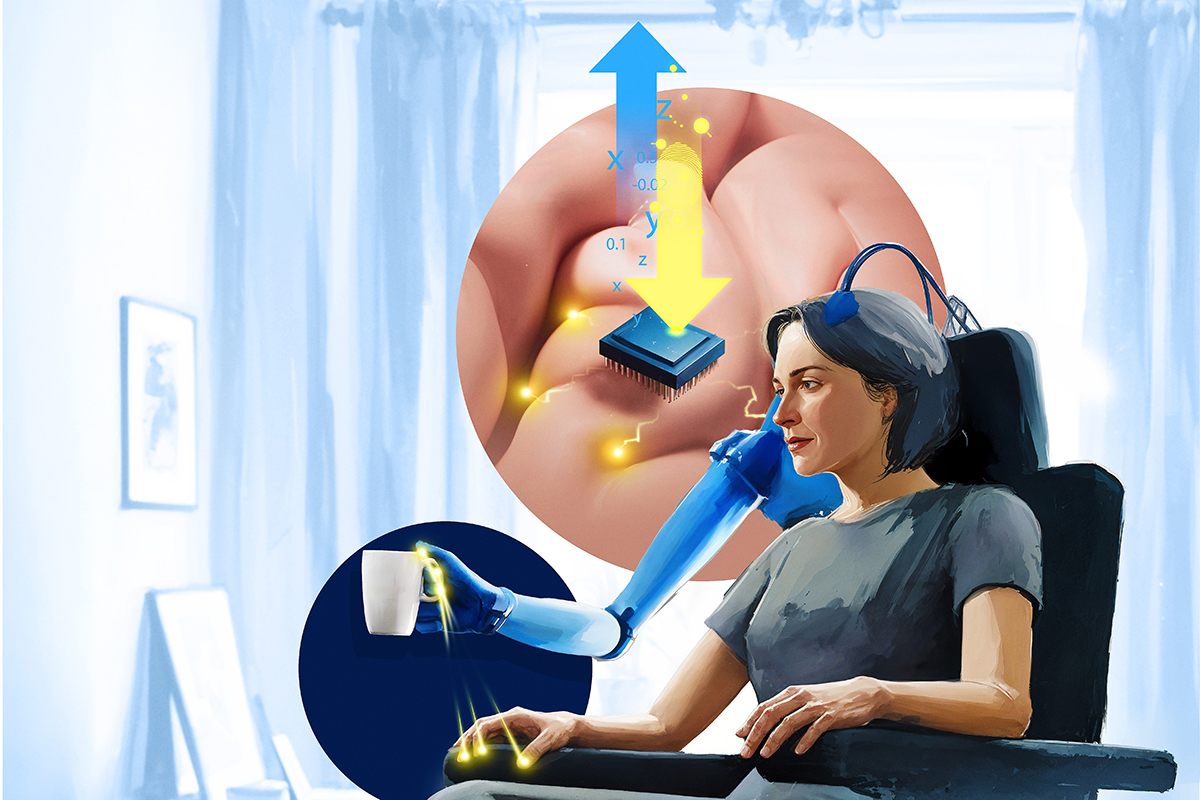 Illustration of a woman controlling a bionic arm using brain signals.