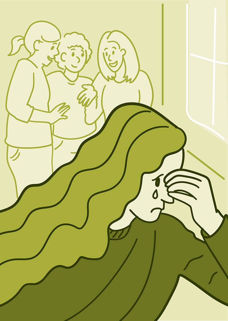 Illustration of a teenage girl crying and walking away from a group of girls.