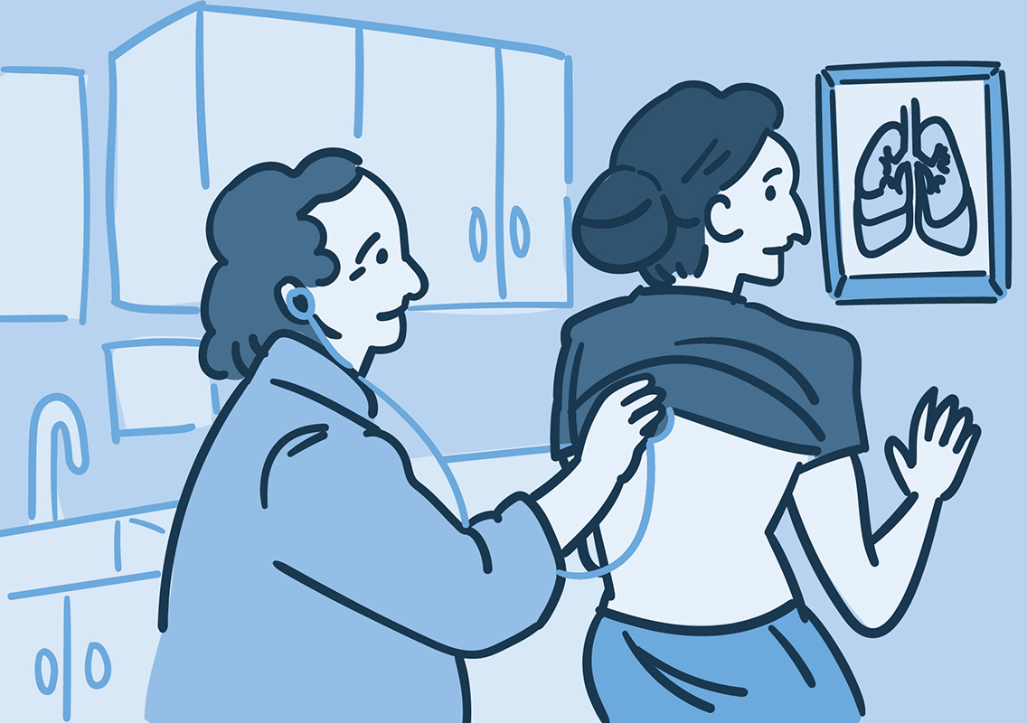 Illustration of a doctor listening to a woman’s lungs with a stethoscope.