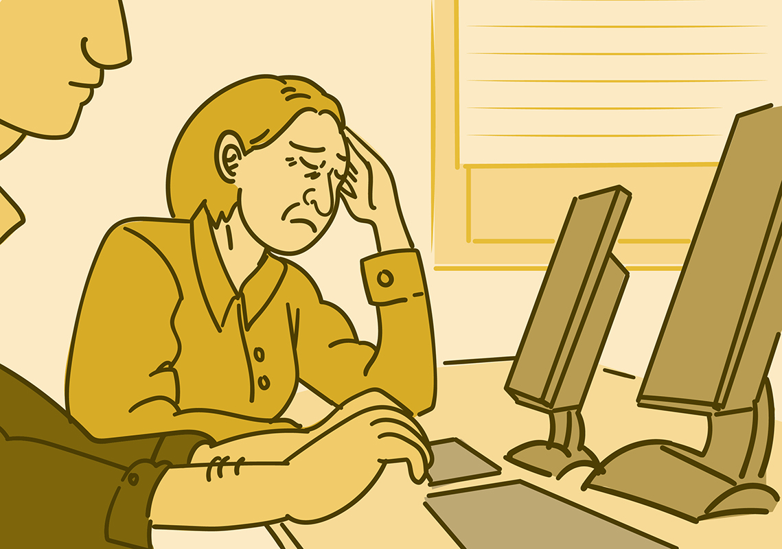 Illustration of a woman with her hand on her forehead closing her eyes in pain sitting at a computer. 