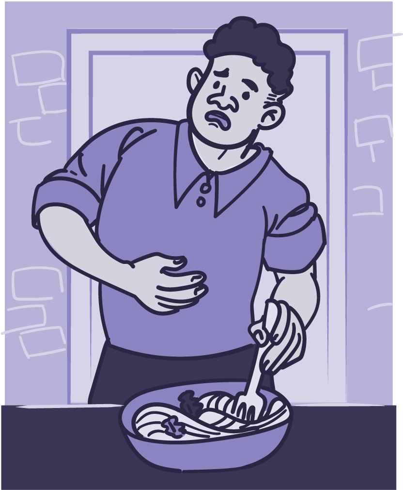 Illustration of man holding his stomach in pain while eating a bowl of pasta.