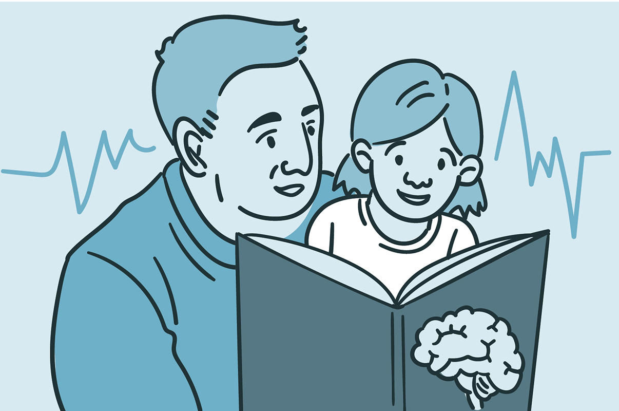 Illustration of a father and daughter reading a book together on the brain, with brain signal activity shown in the background.