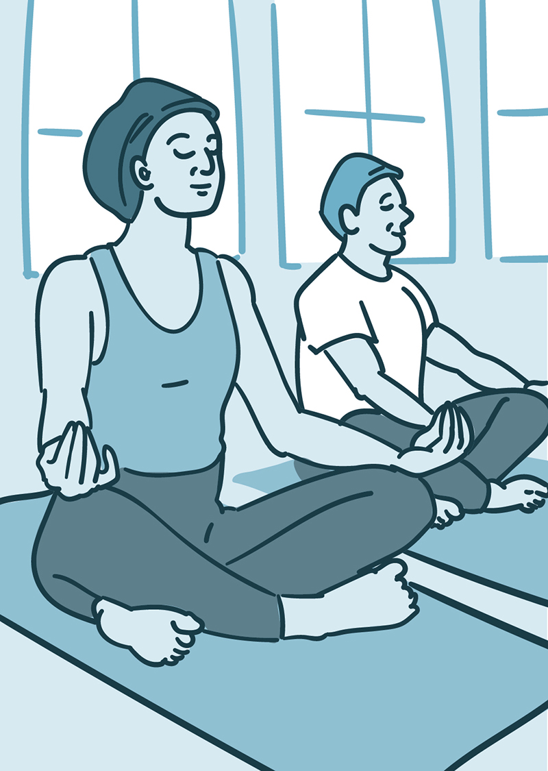 Illustration of a person wearing a headcover doing yoga class.
