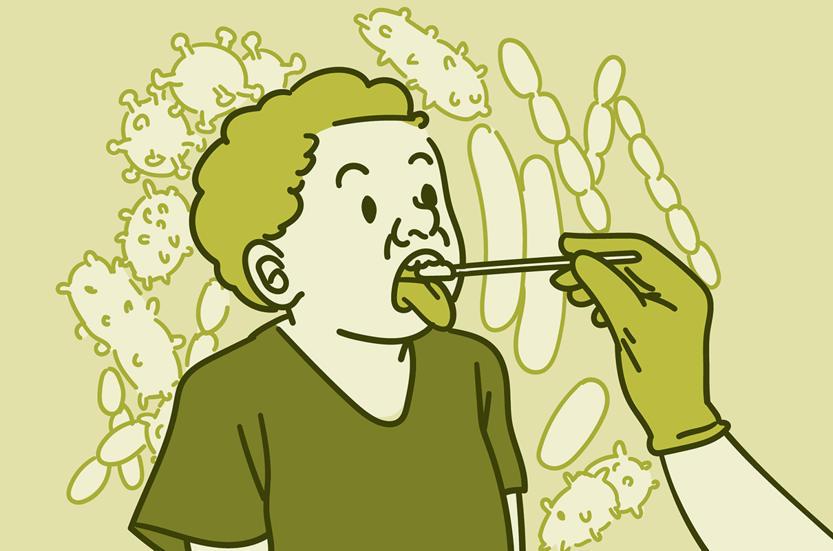 Illustration of a child getting mouth swabbed with bacteria in the background.