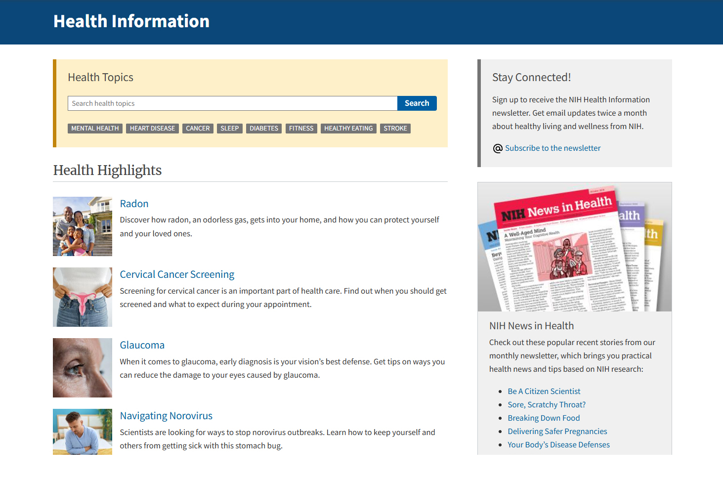 Screenshot of a NIH health information portal.
