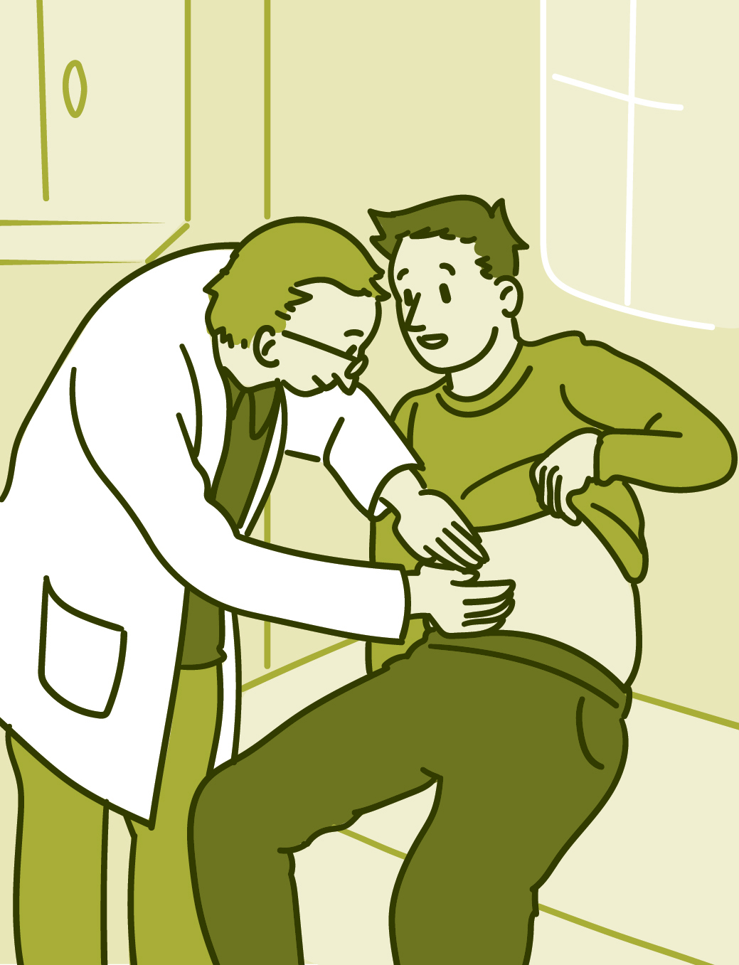 Illustration of a doctor checking a man's stomach.