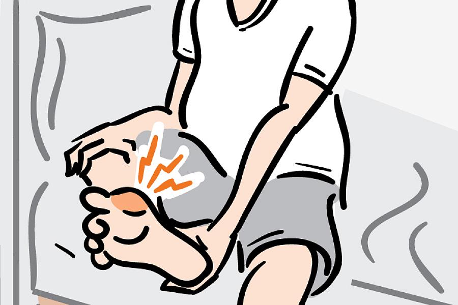 Illustration of an older man sitting on the edge of his bed and gripping his foot that has a painful swelling at the base of the big toe.