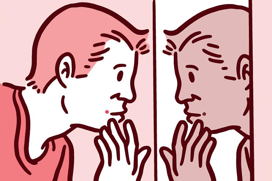 Illustration of a man looking in a mirror at a spot on his face