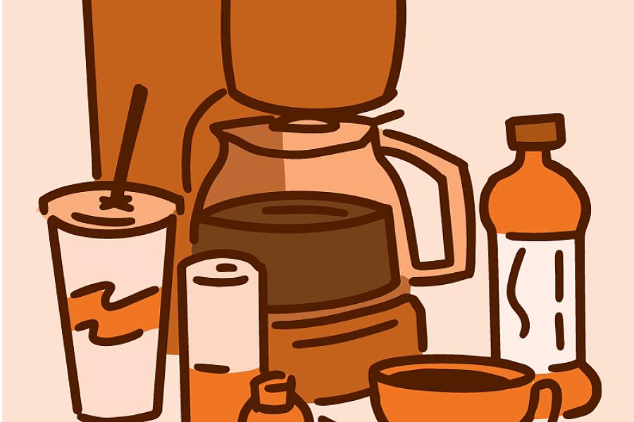 Illustration of products containing caffeine, including coffee and tea