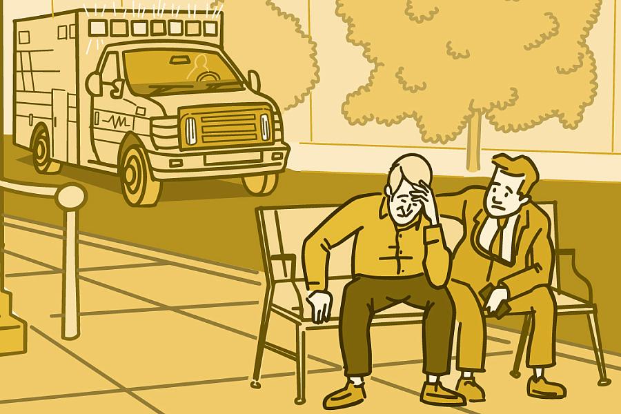 Illustration of a man sitting on a park bench with his hand on his head waiting for an ambulance, with a person comforting him.