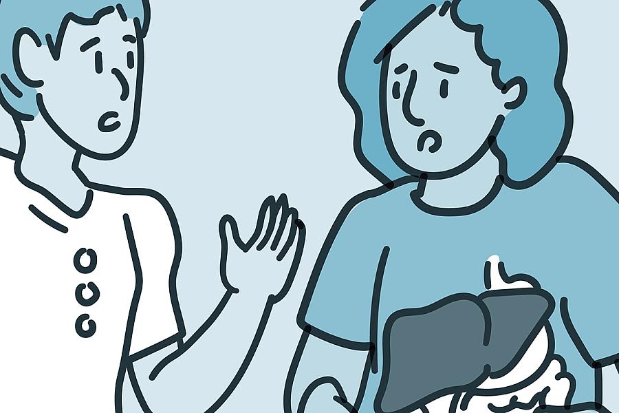 Illustration of a woman appearing distressed, holding her stomach while talking to another person.