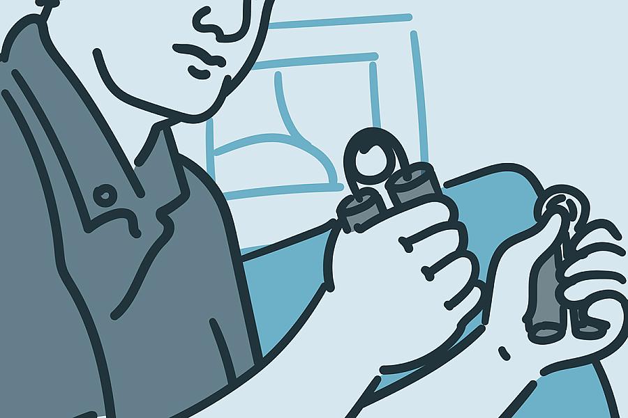 Illustration of a man using hand grippers to strengthen his hands.
