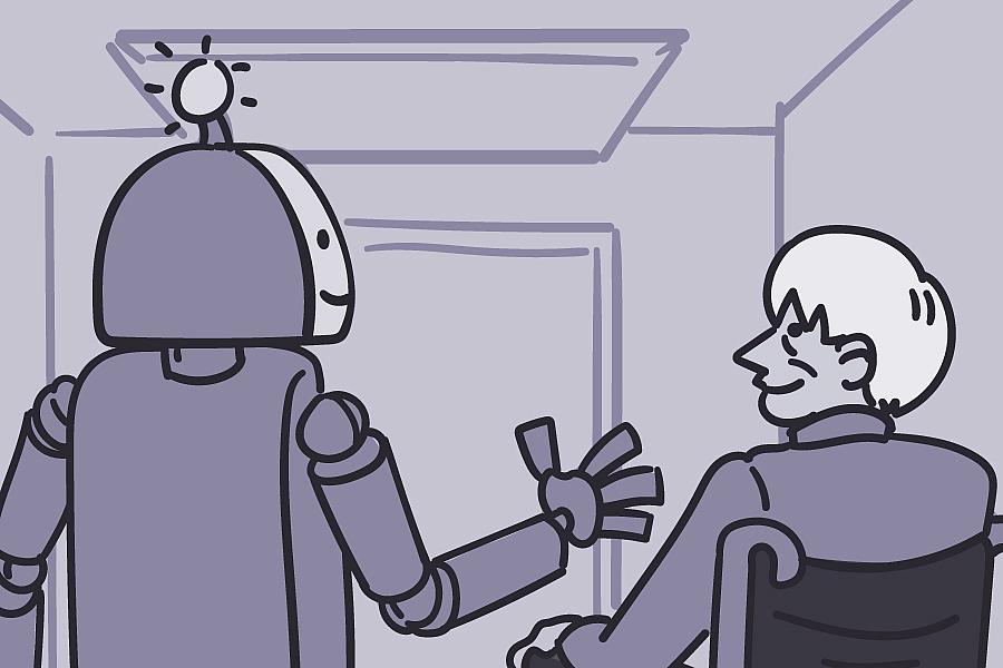 Robot walking with an older man in a wheelchair.