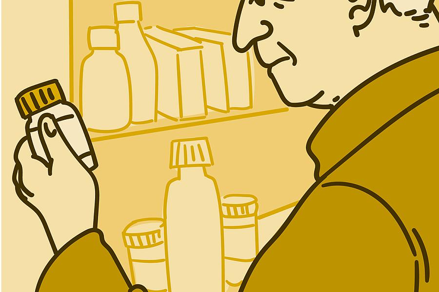 Illustration of an older adult man reading the label on a medicine bottle.
