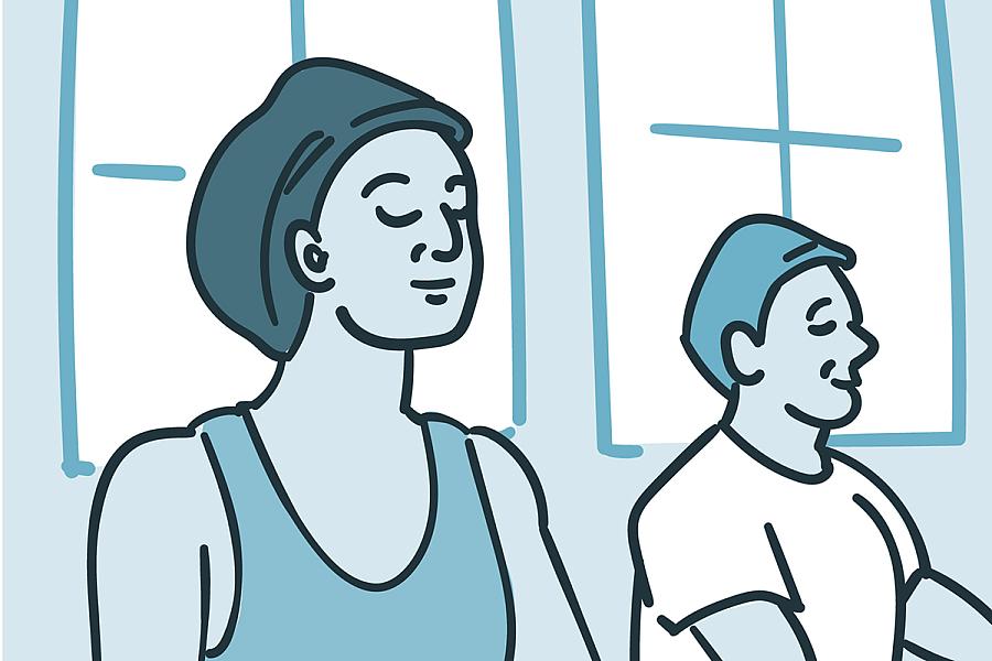 Illustration of a person wearing a headcover doing yoga class.