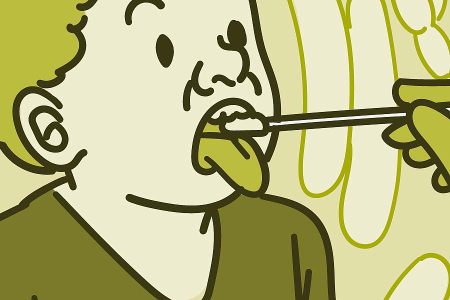Illustration of a child getting mouth swabbed with bacteria in the background.